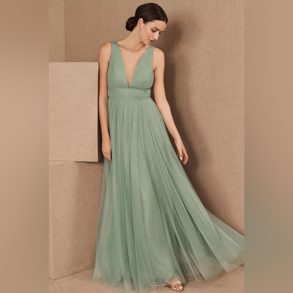 Jenny Yoo Sage Green Tulle V-Neck Evening Gown